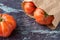 Close-up of three tomatoes, two in a brown paper bag on bluish marble background in horizontal