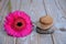 Close up of Three zen stones with pink gerber daisy on used wood