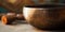 A close up of a tibetan singing bowl or himalayan bowl.