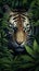A close up of a tiger's face surrounded by leaves. Generative AI image.