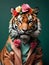 Close up, tiger wearing a colorful big flower crown. Very minimalistic style, green background