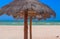 Close-up of tiki thatched Umbrellas on the beach with the ocean and very blue sky in background and a bird on the sand on a windy