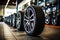 close up tire car in Tire shop, Group of new tires for sale in a tire shop. Generative Ai