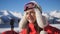 Close-up of Tired but happy Woman skier in the ski resort admiring the beautiful winter landscape.