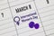 A close up to a Calendar on March 8 with the text: International Women`s Day with a purple pin