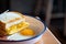 Close up toast and fried yolk yellow eggs