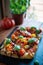 Close-up of tomato puff pastry tart