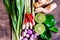 Close-up tomyumkung ingredients Thaifood on wood background