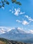 Close up top of beautiful Fuji mountain with snow cover on the top with clouds, Japan