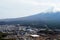 Close up top of beautiful Fuji mountain with snow cover on the top with could and pine in Japan