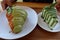 Close-up, top view, green tea flavored cakes and green tea flavored croissants, popular desserts.