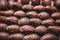 Close up, top view. Hass avocados neatly laid out in rows on the counter at a Spanish bazaar