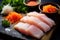 Close-up top view of ingredients Engawa NIGIRI, Japanese food. AI Generated