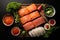 Close-up top view of ingredients Sashimi SET, Salmon, Tuna, Japanese food. AI Generated