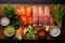 Close-up top view of ingredients Sashimi SET, Salmon, Tuna, Japanese food. AI Generated