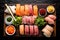 Close-up top view of ingredients Sashimi SET, Salmon, Tuna, Japanese food. AI Generated