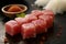 Close-up top view of ingredients Sashimi SET, Salmon, Tuna, Japanese food. AI Generated