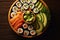 Close-up top view of ingredients sushi, Japanese food. AI Generated