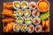 Close-up top view of ingredients sushi, Japanese food. AI Generated