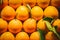 Close up, top view. Ripe oranges are neatly laid out in rows on the counter at a Spanish bazaar