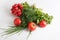 Close up top view shot of a vegetable composition consisting of a bunch of radish, dill, parsley, green onions and ripe red