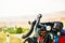 Close up touring bicycle stand on scenic gravel road in nature countryside. Fully loaded touring machine with copy space