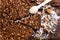 Close up of traditional castagnaccio cake slice, a classic italian gluten free autumn cake on wooden table made with chestnuts