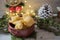 Close up of a Traditional Christmas Italian Food Called Pettole on Blur Cristmas Decorations Background