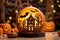 Close-up of traditional jack-o\\\'-lanterns on table in living room with Halloween creatures, generative AI