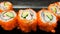 Close-up traditional Japanese sushi rolls tobiko flying fish ro