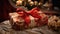 A close-up of a traditional red St. Nicholas Day gift, beautifully wrapped with a bow and adorned with holiday imagery. Box new