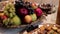 Close up for the traditional table with apples, grapes, pears and different oriental sweets with nuts, food and