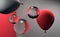 Close up Of Transparent Balls Near Wall And Matt Red And Gray Balloons. Surrealism. Magic Realism. 3d rendering