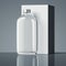 Close up of transparent bottle and white box on dark background, 3d rendering.