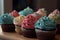 a close up of a tray of cupcakes with frosting and sprinkles on top of each cupcake, with a window in the background