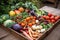 close-up of tray of freshly picked vegetables