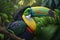close-up of tucan bird's beak, surrounded by lush greens