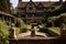 close-up of the tudor house exterior with a view of the gardens and fountains