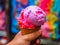 Close-up of a Turkish ice cream vendor\\\'s hands skillfully twirling a scoop of creamy. Generative AI