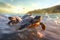 close-up of turtle hatchlings racing towards ocean waves