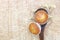 Close up two banana cup cake bakery on wood ladle top view with white little flower look delicious on wooden table background,