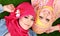 Close up two beautiful happy muslim woman lying on grass