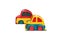 Close-up of two classic cars toy racing, traffic reduce speed warning sign concept