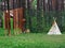 A close up on two cloth tents stylized to look like an Indian one and having some colorful decorative elements