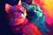 Close-up of two colorful cats looking up, abstract illustration