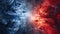 A close up of two different colored flames in a blue and red pattern, AI