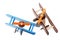 Close-up of two eco-friendly colorful airplanes for kids games, isolated on a white background. Wooden airplane models.