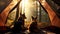 Close up of two German Shepherd breed dogs lying outside camping tent