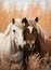 Close-up of Two horses in a autumn dry grass