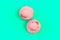 Close up of two pink rubber ducks isolated. Bath toys on a green background. Top view with copy space. Summer wallpaper.